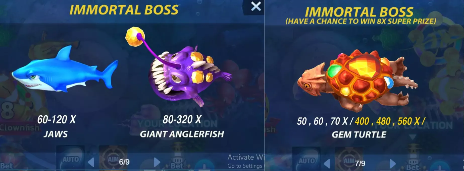 Image of the Immortal Boss characters in Mega Fishing Game, featuring Jaws with a 60-120x multiplier, a Giant Anglerfish with an 80-320x multiplier, and a Gem Turtle with multipliers from 50x to 560x, all against a deep-sea backdrop.