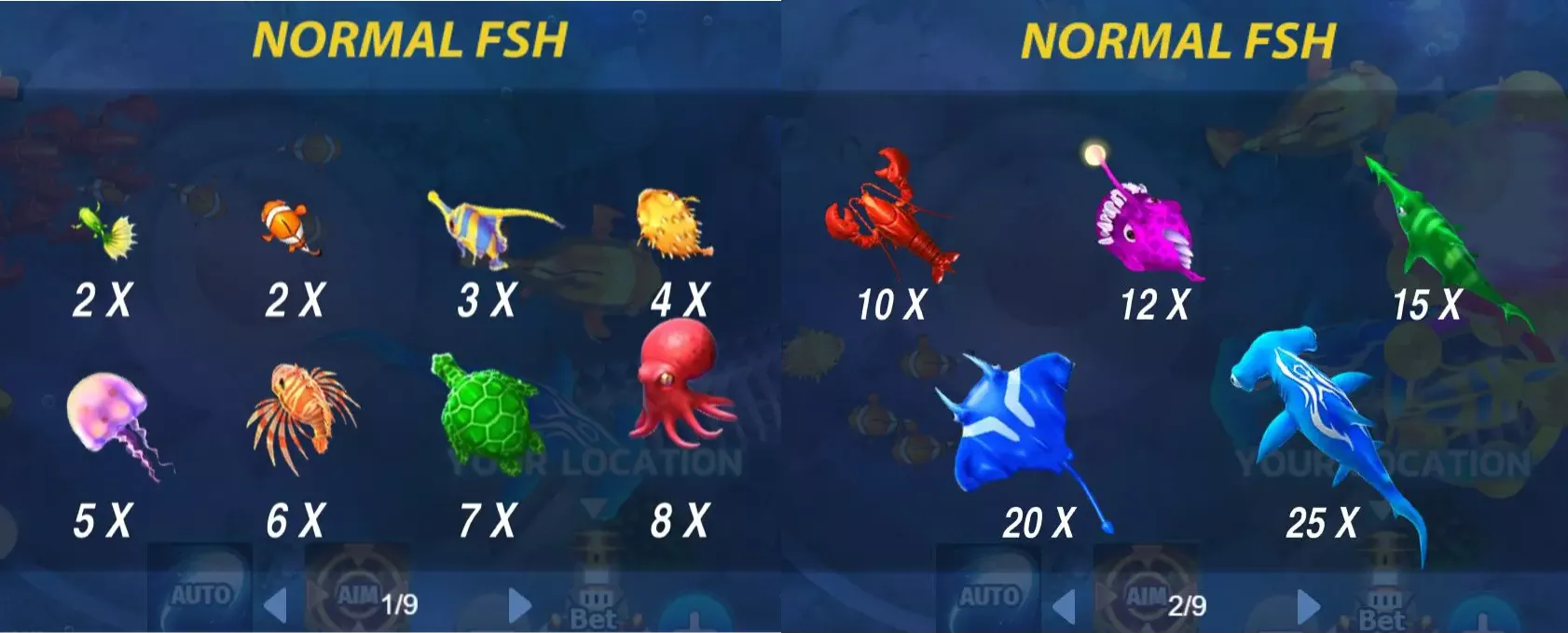 In-game screenshot from Mega Fishing showing various sea creatures labeled with their respective payout multipliers, ranging from a 2x multiplier for the green fish and clownfish to a 25x multiplier for the shark, against a dark underwater backdrop.