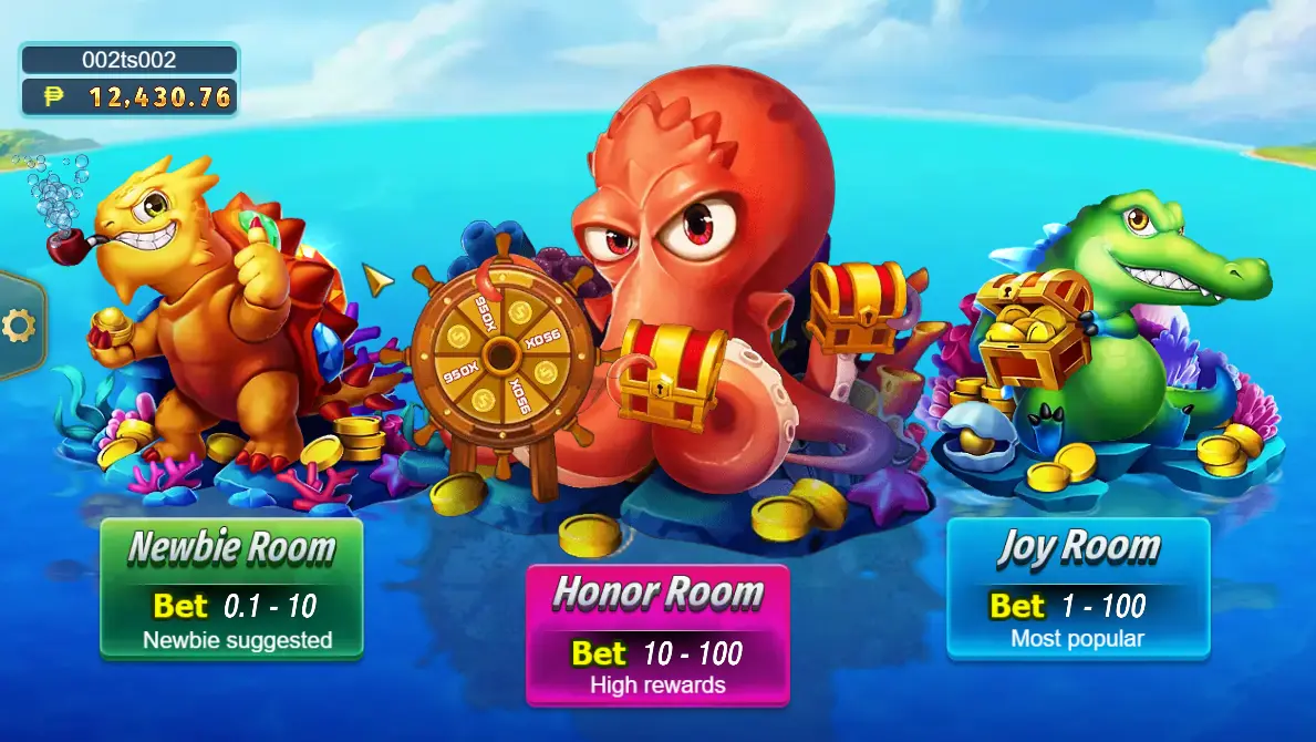 Room selection screen in Mega Fishing Game with three animated marine creatures representing different playing rooms: a goldfish for the Newbie Room with bets from PHP 0.1-10, an octopus for the Honor Room with higher rewards and bets from PHP 10-100, and a crocodile for the Joy Room, the most popular, with bets from PHP 1-100.