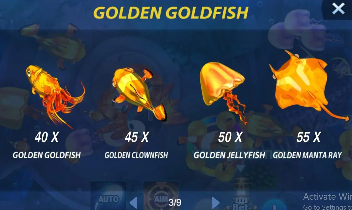 Screenshot showcasing the special golden aquatic creatures in Mega Fishing Game, each with a glowing aura and associated multipliers: Golden Goldfish at 40x, Golden Clownfish at 45x, Golden Jellyfish at 50x, and Golden Manta Ray at 55x.