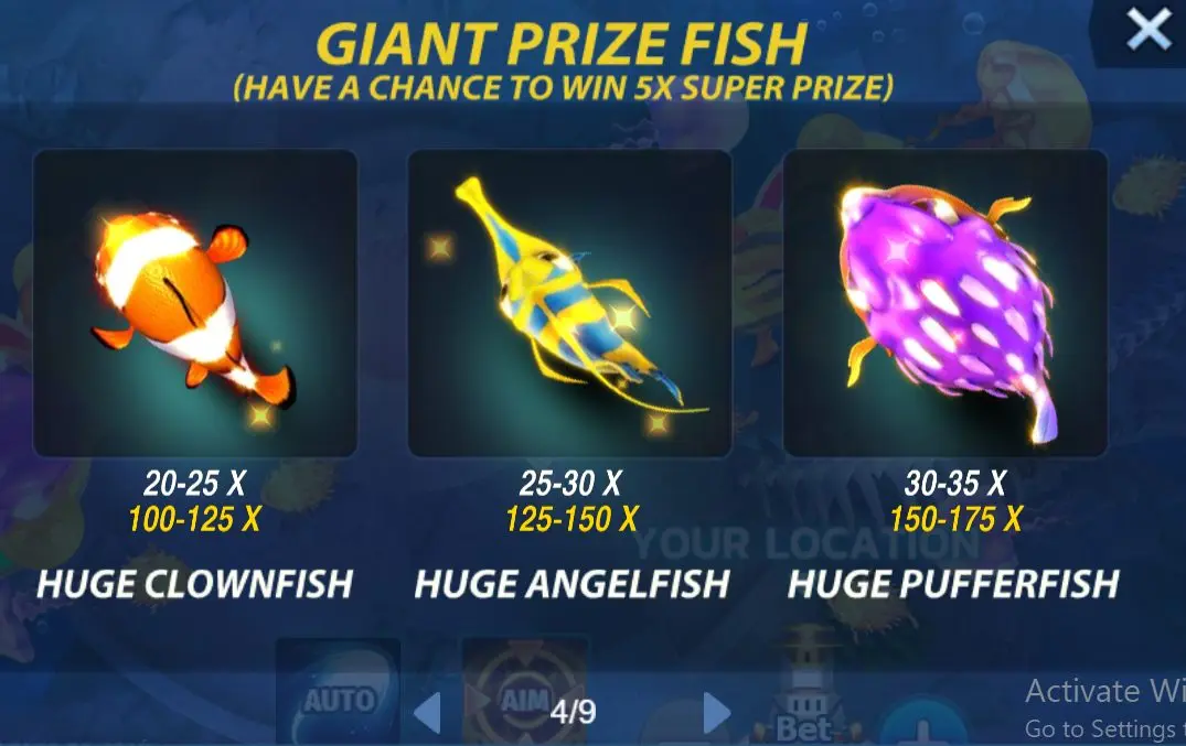 Image displaying the Giant Prize Fish from Mega Fishing Game, each glowing intensely and framed within a dark box. The Huge Clownfish has a 20-25x multiplier with a potential 100-125x super prize, the Huge Angelfish offers a 25-30x multiplier with a 125-150x super prize, and the Huge Pufferfish has a 30-35x multiplier with a chance at a 150-175x super prize.