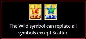 Two Wild symbols depicted as royal crowns, one red and one blue, indicating the special function of Wild symbols in Mega Ace slot game, with text stating they can replace all symbols except Scatter.