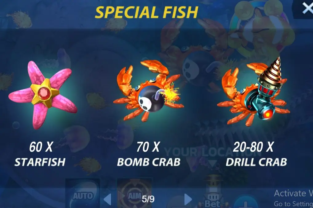 Showcase of Special Fish in Mega Fishing Game, featuring a vibrant pink Starfish with a 60x multiplier, an orange Bomb Crab with a 70x multiplier, and a Drill Crab with a dynamic 20-80x multiplier, all set against an underwater scene.