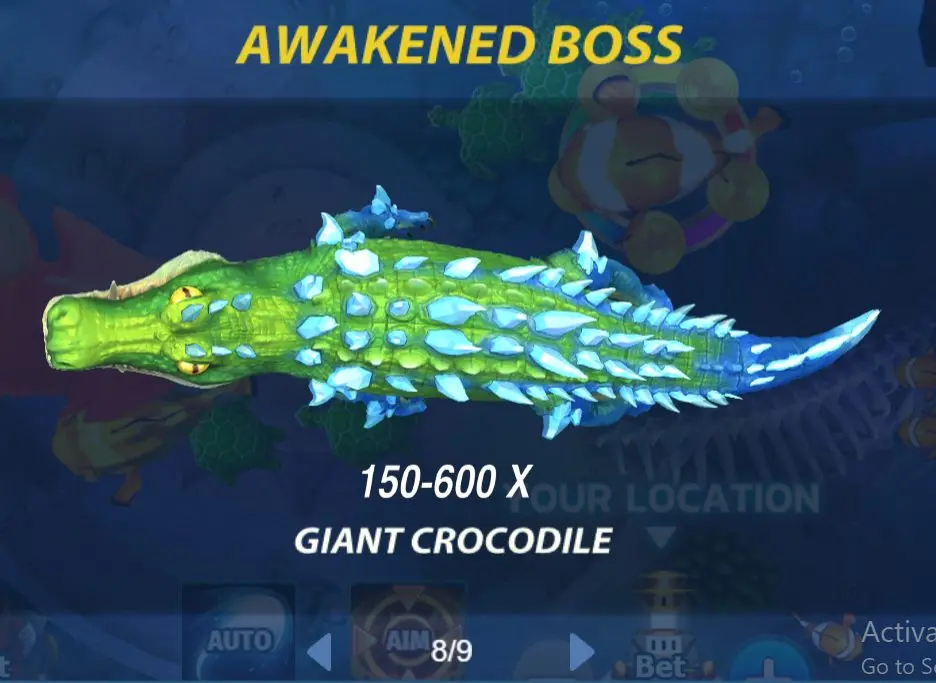 The Awakened Boss, Giant Crocodile, in Mega Fishing Game, glows with a luminescent sheen, adorned with crystal-like scales and offering an impressive multiplier range of 150-600x.