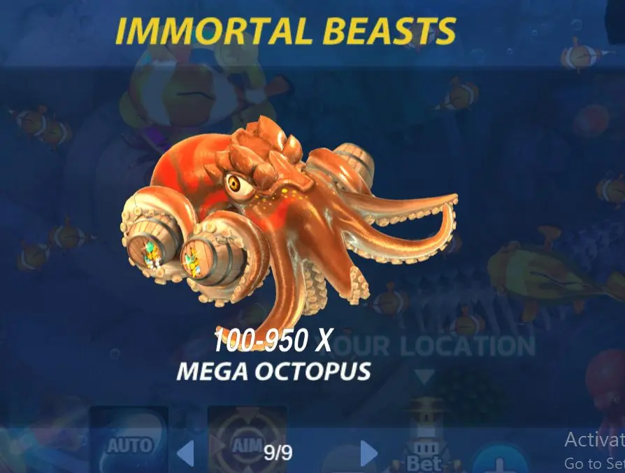 Immortal Beasts feature in Mega Fishing Game, highlighting the Mega Octopus with rich orange hues and gem-encrusted tentacles, offering players a chance to win multipliers ranging from 100x to a massive 950x.