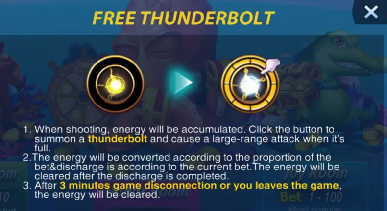 Gameplay feature description in Mega Fishing Game highlighting the 'Free Thunderbolt' attack, with symbols of a glowing gold ring and a light blue thunderbolt representing the energy accumulation and discharge mechanics, instructing players to save this special for large-range attacks against the biggest fish for maximized rewards.