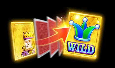 A Golden Card featuring a king transforms into a Wild symbol with a blue crown, illustrating the transformation effect in the Mega Ace slot game that increases winning potential.