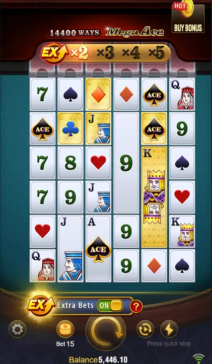 Mega Ace slot game screenshot showcasing the 'Extra Bets' feature turned on with enhanced multipliers starting at x2 and leading up to x5 in normal play, as displayed above the reels on the Mega Ace interface with '14400 Ways' visible at the top.