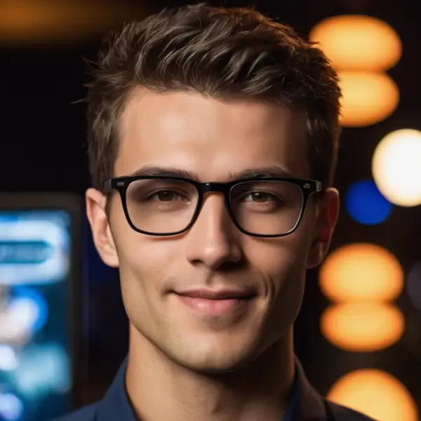 Portrait of a smiling young man wearing glasses and a dark shirt, with a blurred background suggesting an indoor setting