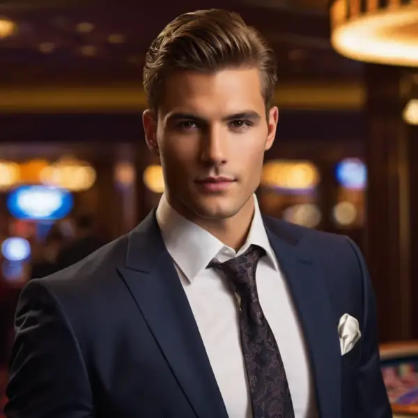 Portrait of a confident young man in a tailored suit and tie, in a casino setting