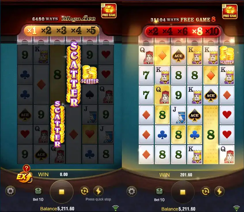 Screenshot of Mega Ace slot game showing how the free bonus game is triggered. On the left, three highlighted 'Scatter' symbols are matched on the reels, triggering the free bonus game. On the right, the reels show various playing card symbols and increased multipliers x2, x4, x6, x8, and x10.