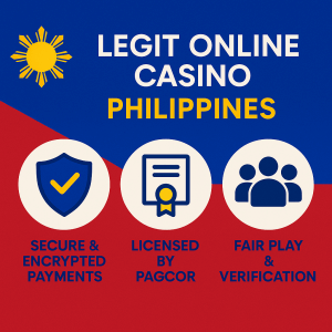Infographic titled “Legit Online Casino Philippines” with three circular icons and labels below: a shield with checkmark for “Secure & Encrypted Payments,” a certificate badge for “Licensed by PAGCOR,” and a group of people icon for “Fair Play & Verification,” all set against a diagonal blue and red background echoing the Philippine flag.