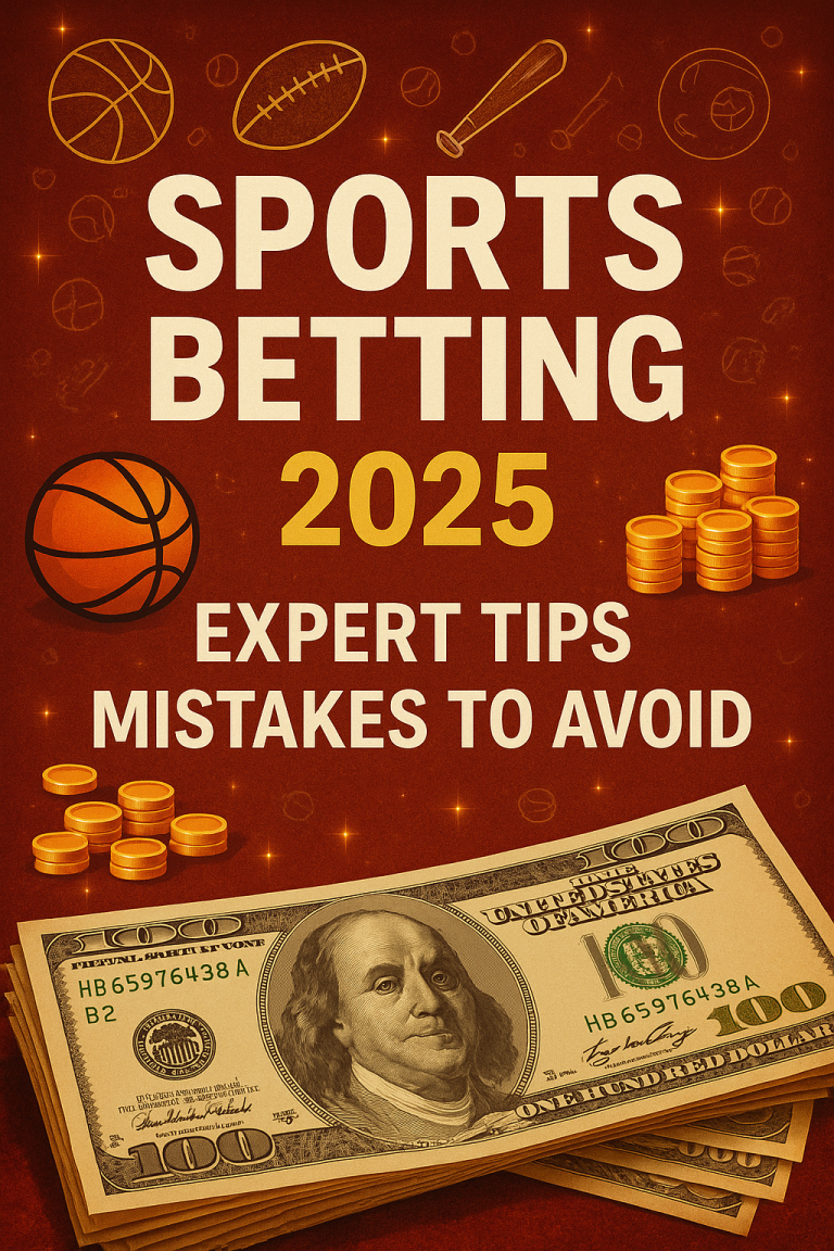 A promotional graphic for sports betting in 2025 featuring dollar bills, coins, and sports icons like basketball and baseball, with the text “Expert Tips, Mistakes to Avoid.” The design emphasizes smart strategies in sports betting.