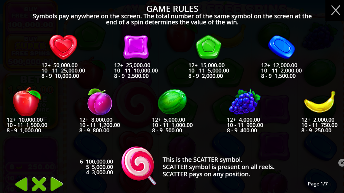 Screenshot showing the symbol payout values and game rules for Sweet Bonanza 1000, including heart, candy, fruit symbols, and the scatter lollipop symbol with corresponding coin values for matching 8 to 12+ symbols.